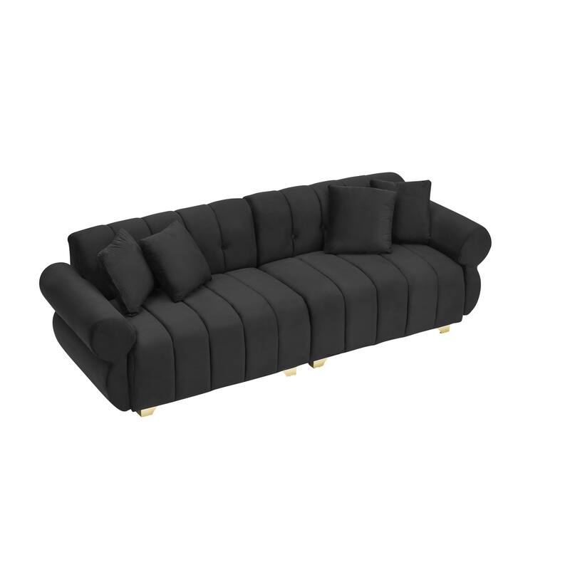 89-inch Black Velvet Sofa with Spring-wrapped Cushions and 4 Throw Pillows