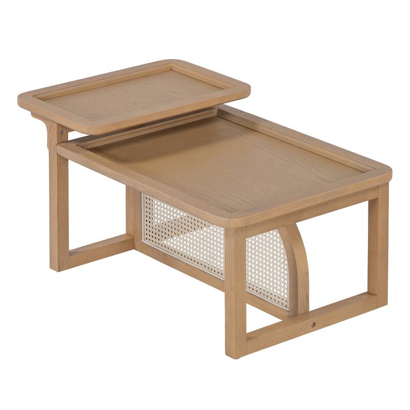 Modern 2-Piece Nesting Coffee Table Set with Rattan and MDF in Natural Finish – Versatile Living Room Storage - Coffee