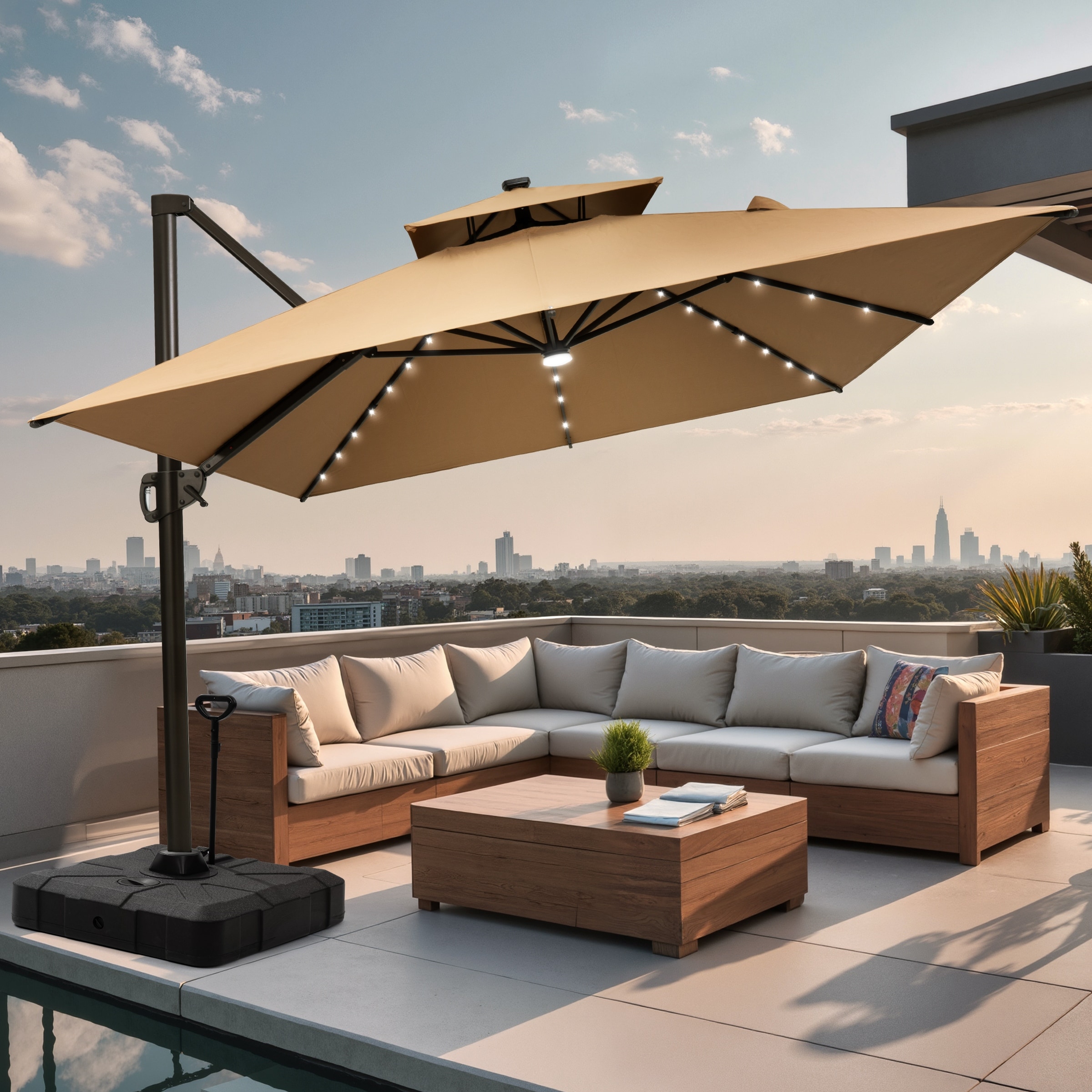 9 X 11 FT Outdoor Patio Cantilever Umbrella with Solar Lights Rod Wheel Base Double Canopy 360 Rotation Tilt