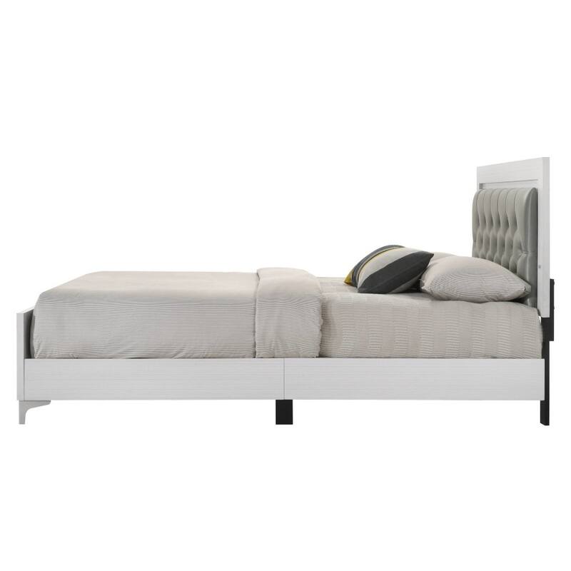 Queen Size Platform Bed with LED Light Headboard in White Finish and Gray PU Upholstery