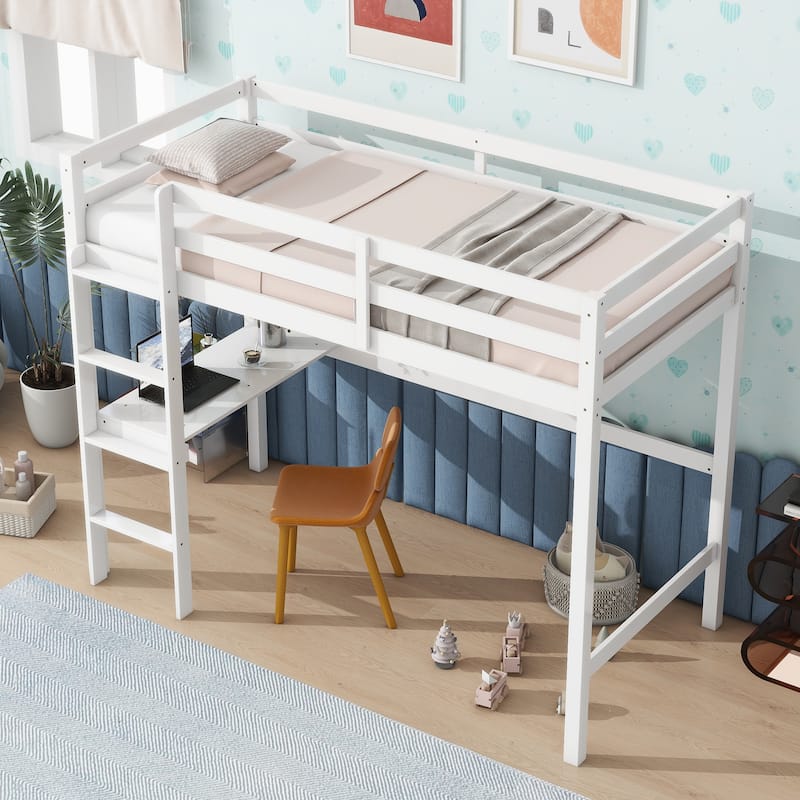 Twin High Loft Bed with Built-in Desk, Safety Guardrail, and Ladder, White