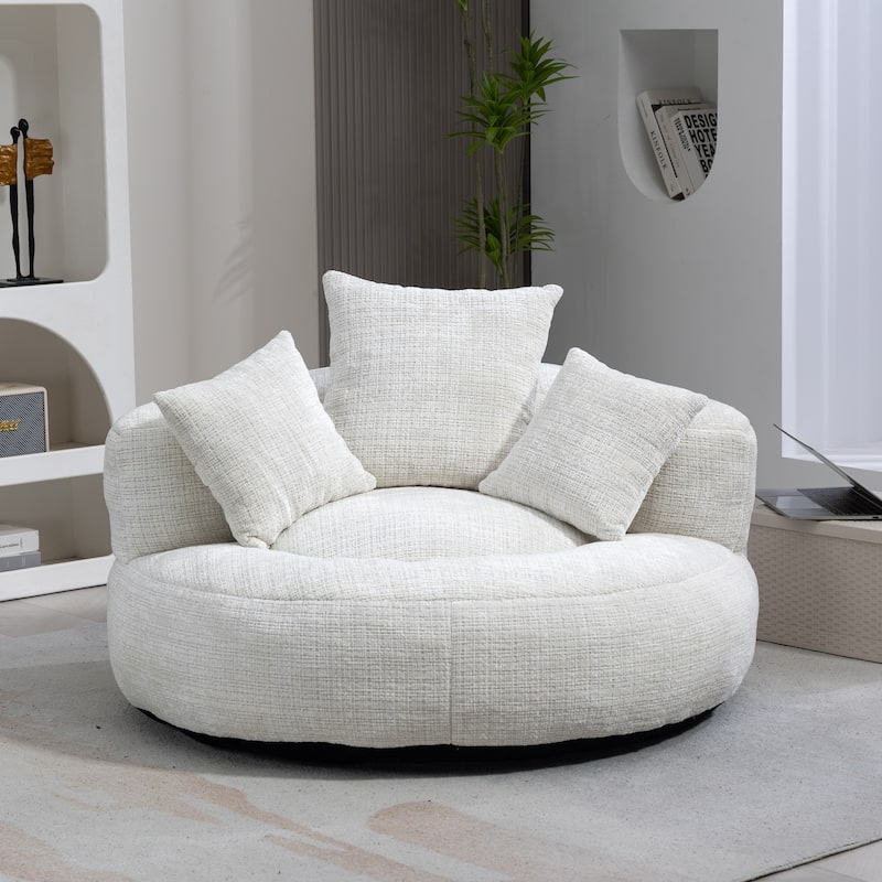 Chenille Oval Bean Bag Chair, Memory Foam Filling Lazy Sofa, Adults Lounge Chair with 3 Pillows & Semi-Wraparound Armrests
