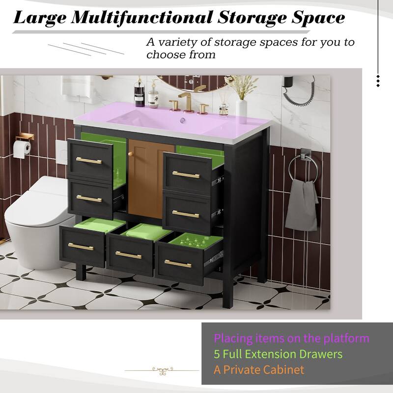 Freestanding Vanity for Bathroom with Resin Sink, Storage Cabinet with 5 Drawers, Soft Closing Doors and Gold Metal Handles