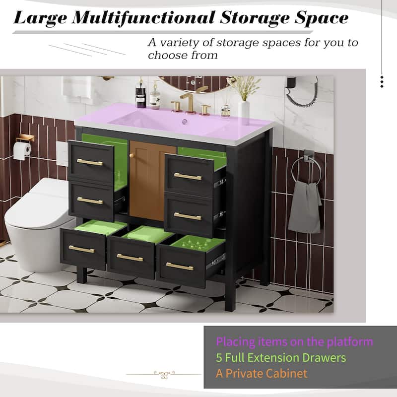 Roomfitters 36" Vanity with Resin Sink, Solid Wood Cabinet with 5 Drawers and Soft Closing Doors, Freestanding Storage Set