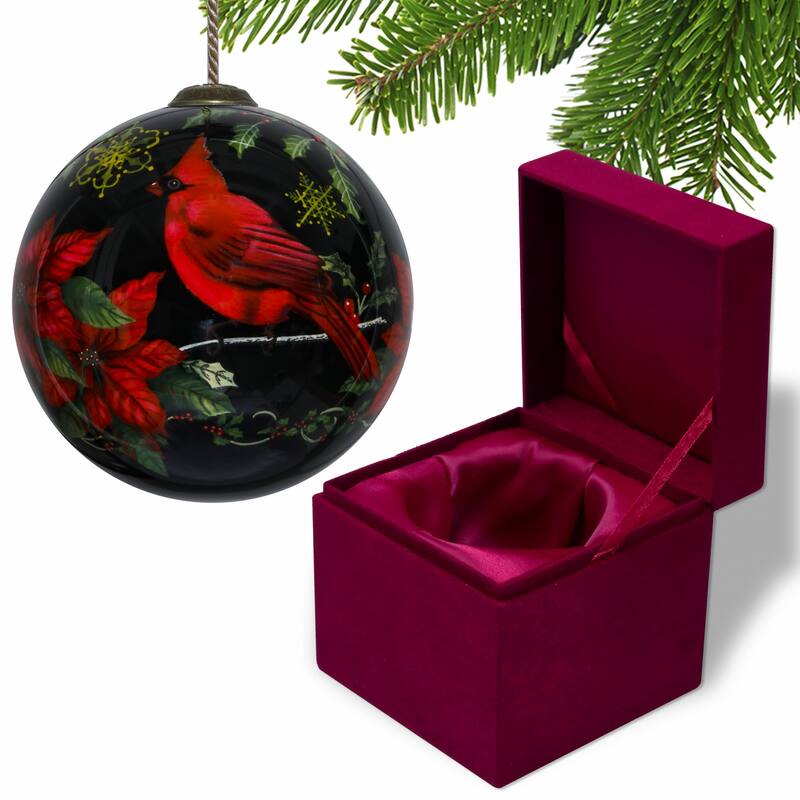 Glossy Red Cardinal Hand Painted Mouth Blown Glass Ornament - 4" x 4" x 4"