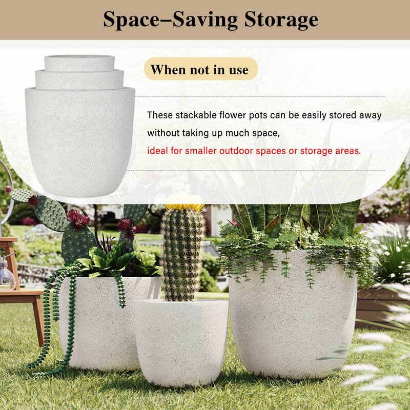Lightweight Matte Textured MGO Flower Pot Set of 3,Round Concrete Stackable Planter with Drainage Holes and Rubber Plug