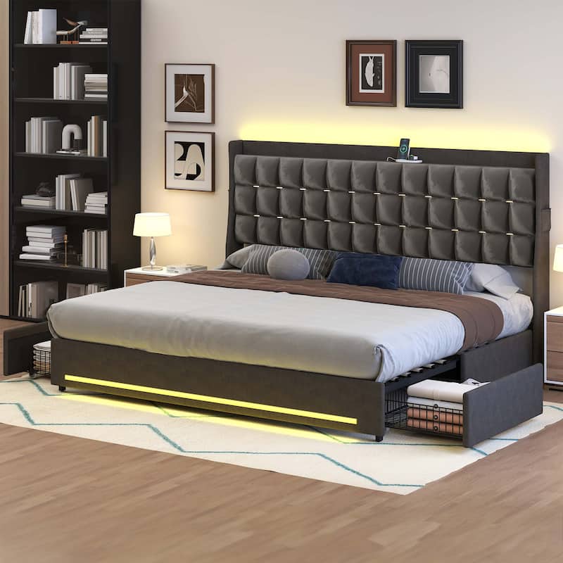 Moasis King Size Velvet Platform Bed with 4 Drawers RGB Lights and Charging Station No Box Spring Needed