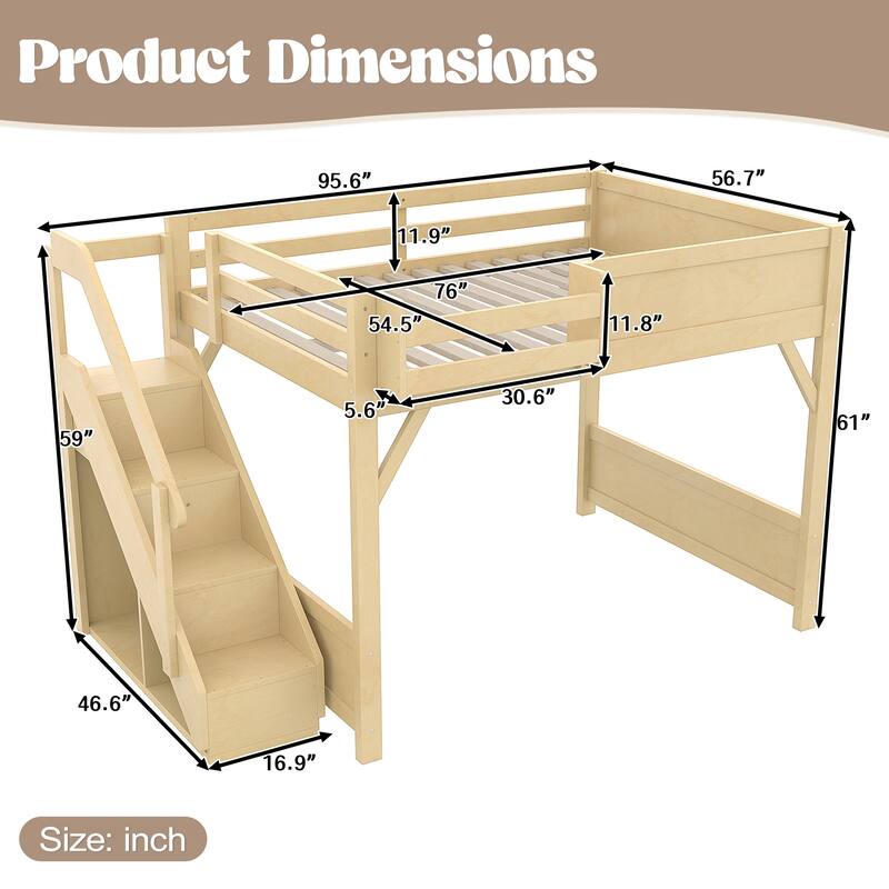 Full/Twin Loft Bed with Built-in Wardrobe, Storage & Stairs - Solid Wood, Full-Length Guardrails, No Box Spring