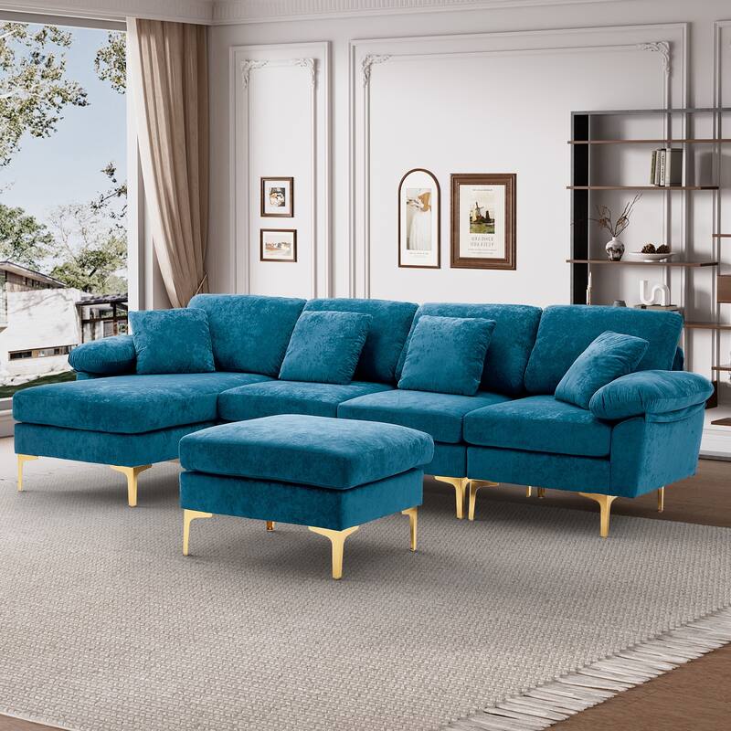 110" Upholstered Velvet U-shaped Sectional Sofa With Chaise Lounge & Ottoman