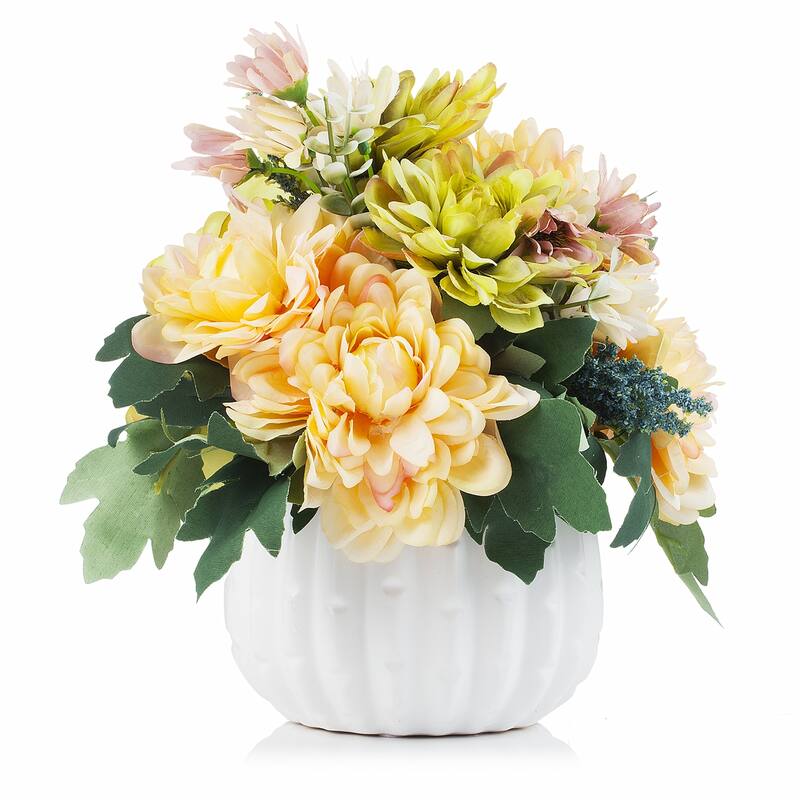 Enova Home Artificial Silk Daisy and Mixed Fake Flowers Arrangement in White Ceramic Pot for Home Garden Decoration