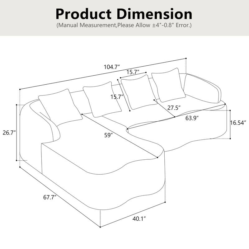 Full Compression Plush L-shaped Sectional Sofa with Curved Chaise