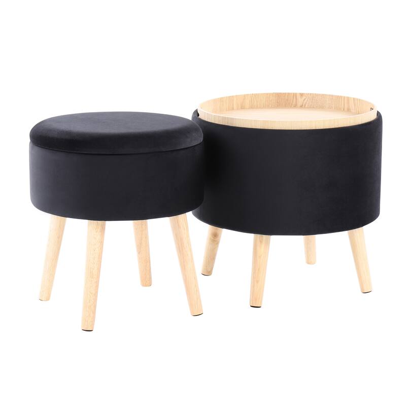 Tray Contemporary Storage Ottoman with Matching Stool in Black Velvet and Natural Wood Legs by LumiSource - Black