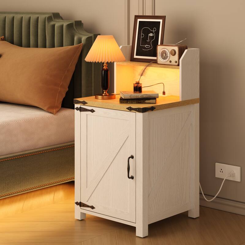 Anmytek Rustic Barn Door Nightstand,End Table with Outlets USB Charging Station LED Lights Storage Cabinet