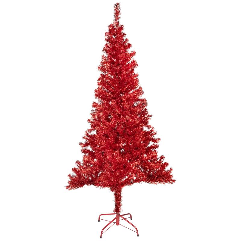 Artificial Tinsel Christmas Tree - 6' - Red - Unlit - 6 Foot