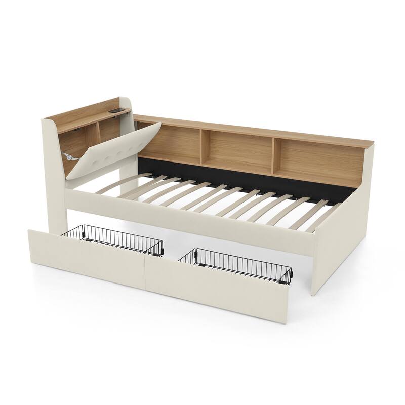 Twin Size Velvet Daybed with Storage, LED Lights, and Wireless Charging, Beige