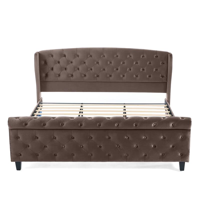 Christopher Knight Home - Amara Traditional Velvet Upholstered Sleigh Bed with Wingback Headboard & Scroll Footboard, King Size