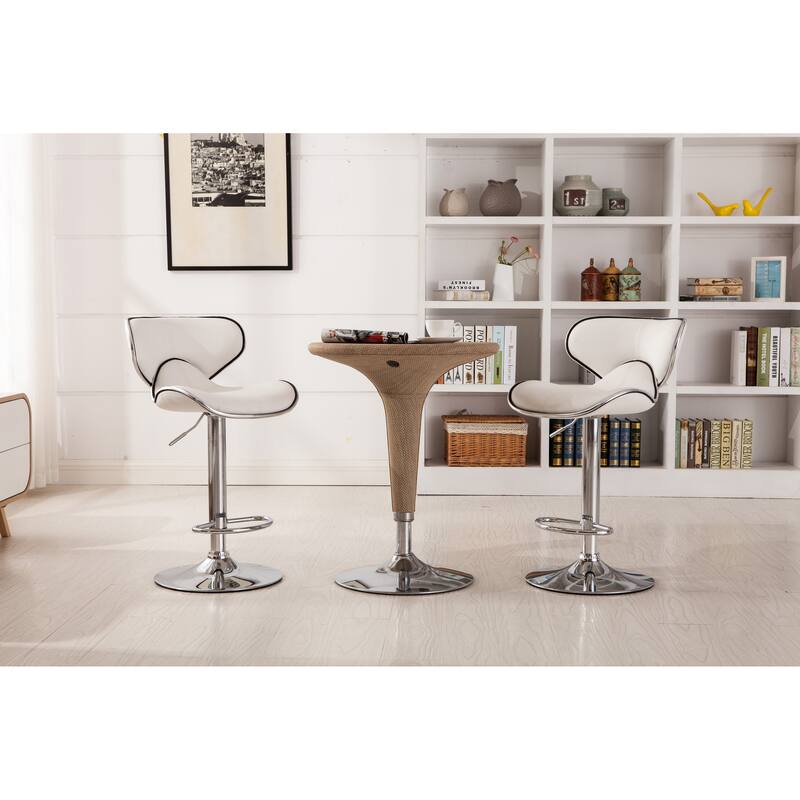 Modern Set of 2 Swivel Bar Stools with Leather Seat, Chrome Base, Height Adjustable, for Kitchen Island Dining Room - White