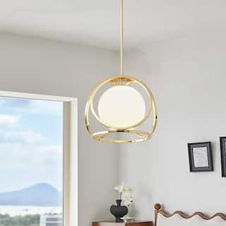 Elegant 1 - Light Gold Pendant with Encircled White Glass - Brushed Gold