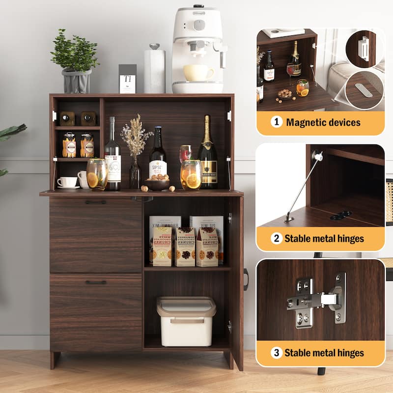 Fold-Up Desk Cabinet with Drawer & Shelves, Space-Saving Wall Desk Organizer, 31.5" W x 13.8" D x 47.2" H