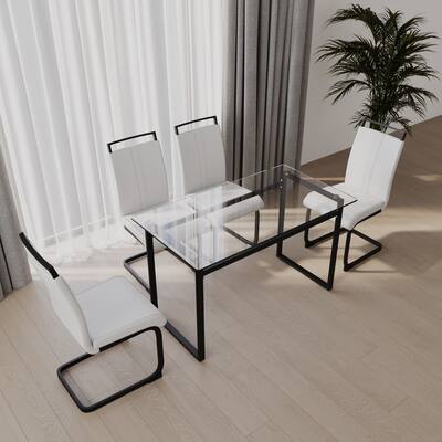 Glass 5-Piece Dining Table Set with 4 PU Upholstered Chairs