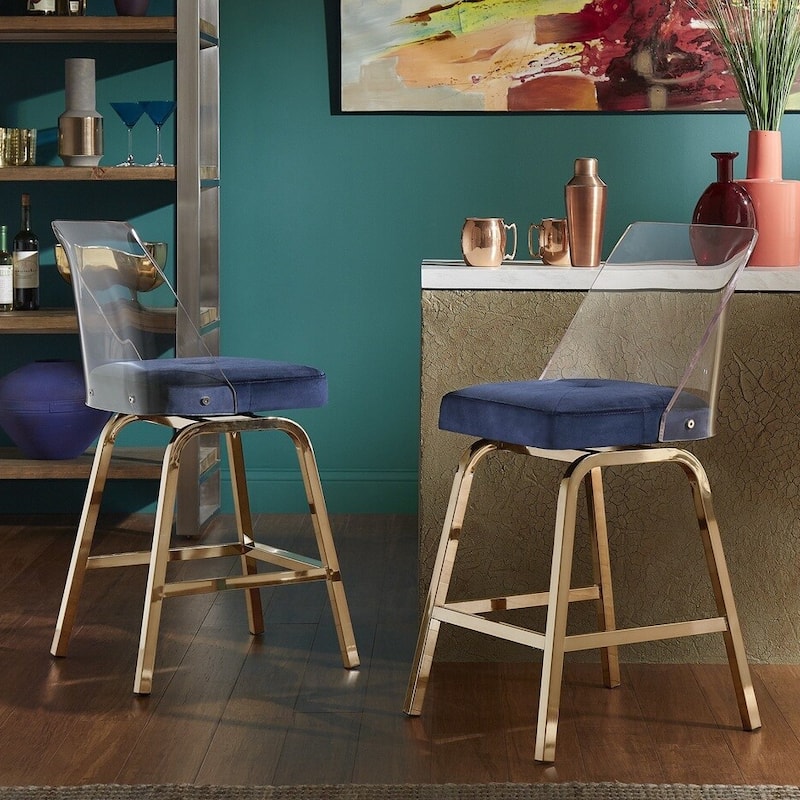 Lennox Velvet Counter Height Stools (Set of 2) by iNSPIRE Q Bold - Navy Blue - Gold