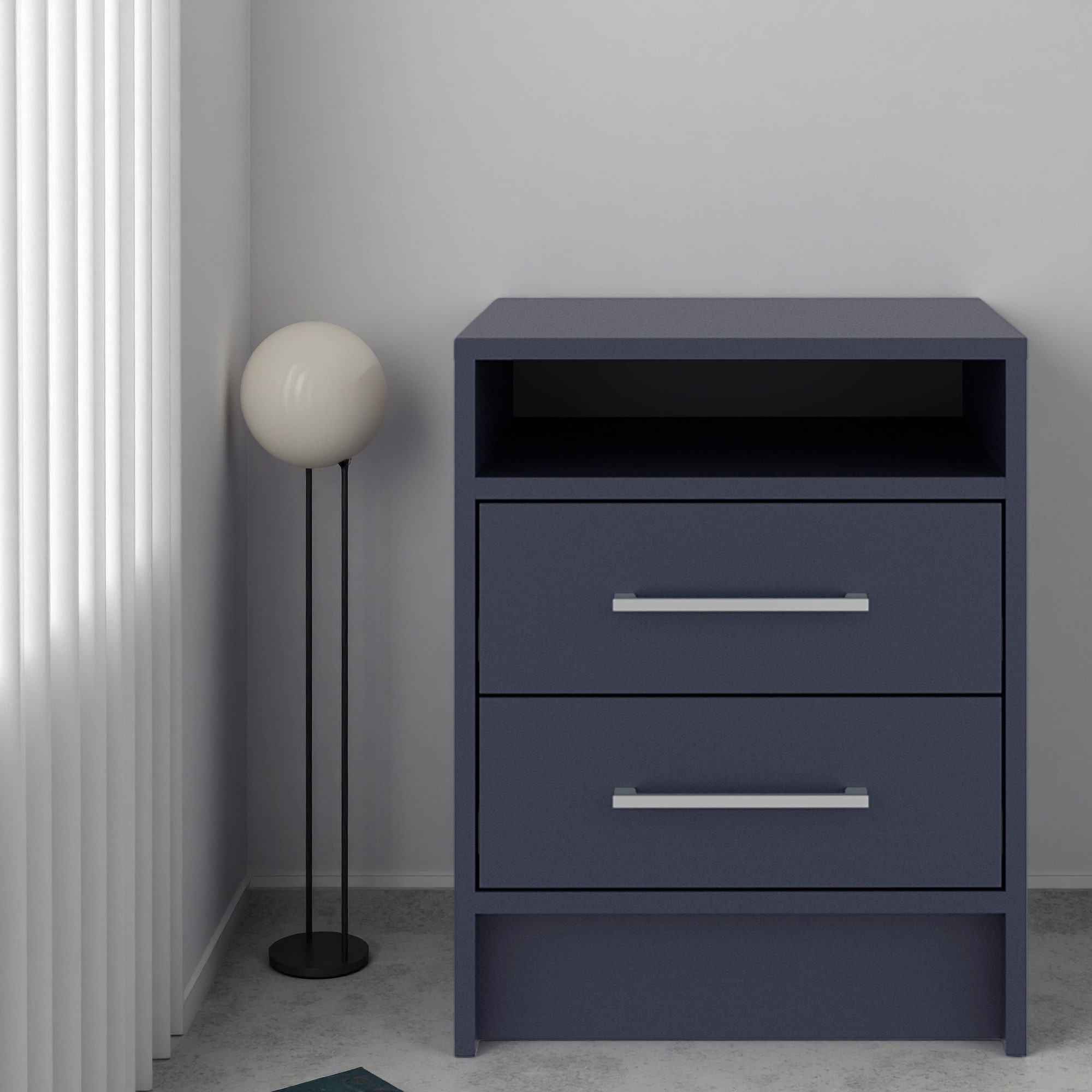 15.7"L Eter Nightstand with Superior Top Shelf, One Open Shelf, Two Drawers, Metal Hardware, Minimalist Modern Design