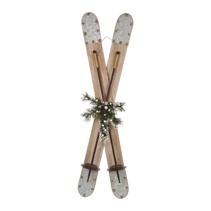 Glitzhome 35"H Christmas Wooden/Galvanized Ski Decor