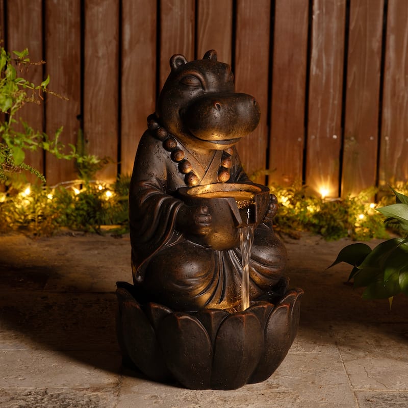 Glitzhome 21.75"H 2-Tiered Lighted Zen Style Frog Elephant Hippo Polyresin Outdoor Fountains