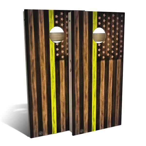 slide 2 of 8, Charred Dispatcher Yellow Line Outdoor Cornhole Board Set Backyard 2x4 - Include Carrying Case
