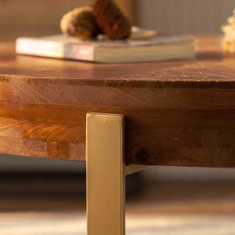 33.86" Modern Round Coffee Table Metal & Wood Splicing Round Coffee Table,Fir Wood Table Top With Gold Cross Legs Base