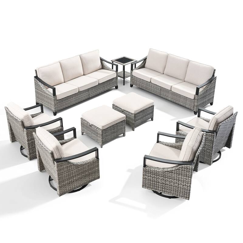 Pocassy 9-Piece Patio Sofa Swivel Chairs Table with Ottoman