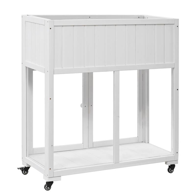 Mini Wooden Cold Frame, Compact 2 Doors Greenhouse with Raised Bed and Wheels, Outdoor Wood Planter with Drainage