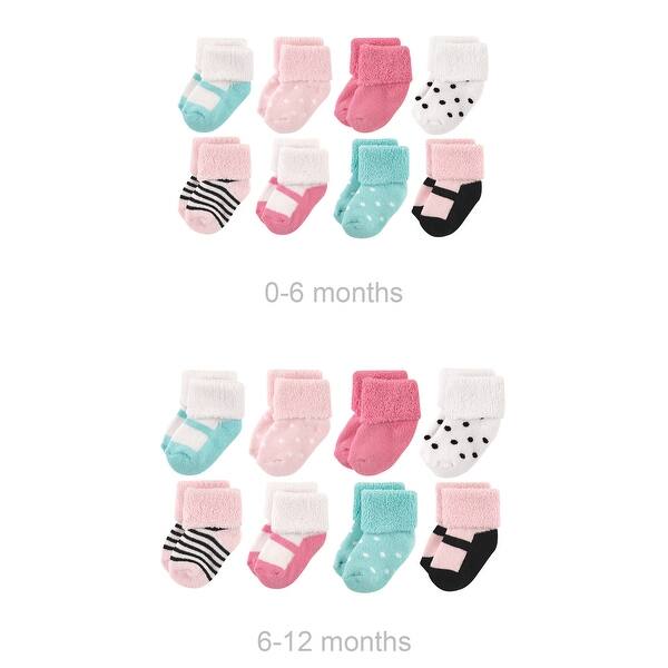 slide 1 of 1, Luvable Friends Infant Girl Grow with Me Cotton Terry Socks, Pink Black Mary Janes, 0-6 and 6-12 Months Mint Pink Mary Janes 16-Pack - 0-6 and 6-12 Months