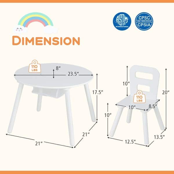 dimension image slide 4 of 5, Costway Kids Wooden Round Table & 2 Chair Set w/ Center Mesh Storage - See Details