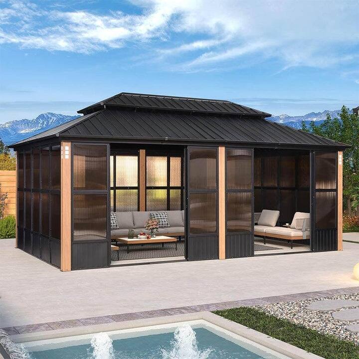 PURPLE LEAF Double Top Outdoor Sunroom Screen House Patio Hardtop Gazebo Wood Grain - 12' x 20' - sunroom