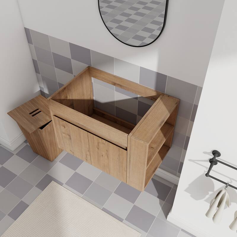 Compact Wall-Mounted Bathroom Vanity with Adjustable Open Shelf, 45° Inclined Handle Design - 29.13in L Plywood