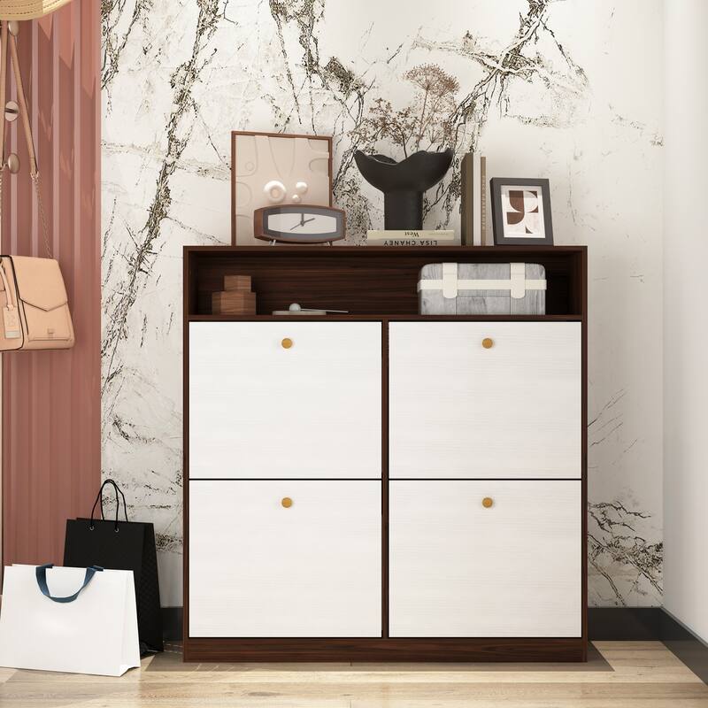 Sleek Shoe Cabinet with 4 Flip Drawers, Wooden Handle, and Anti-Tip Fitting for Narrow Spaces