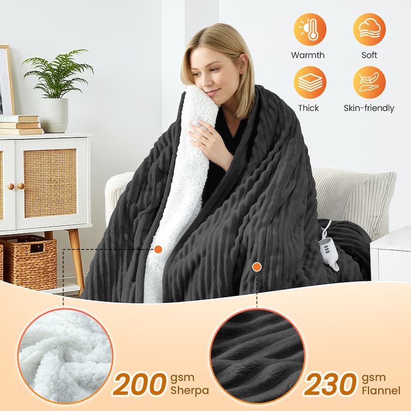 Reversible Flannel & Sherpa Electric Blanket, Heated Throw with Temperature and Timing Functions of a Controller