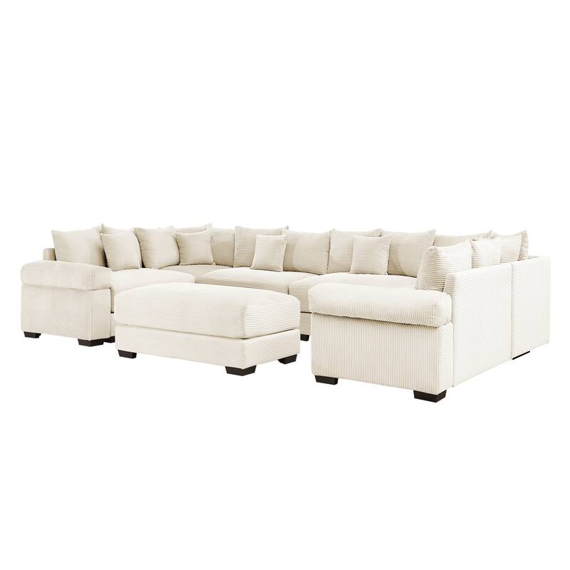 GDFStudio - Corduroy U-Shaped 6-Seater 137.7" Cloud Modular Sectional Couch with Ottoman
