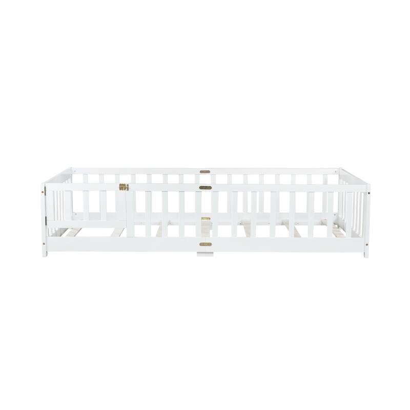 Floor Bed with Fence,Door and Safety Guardrails,Perfect for Kids' Play,Sleep and Development - White-Twin Size