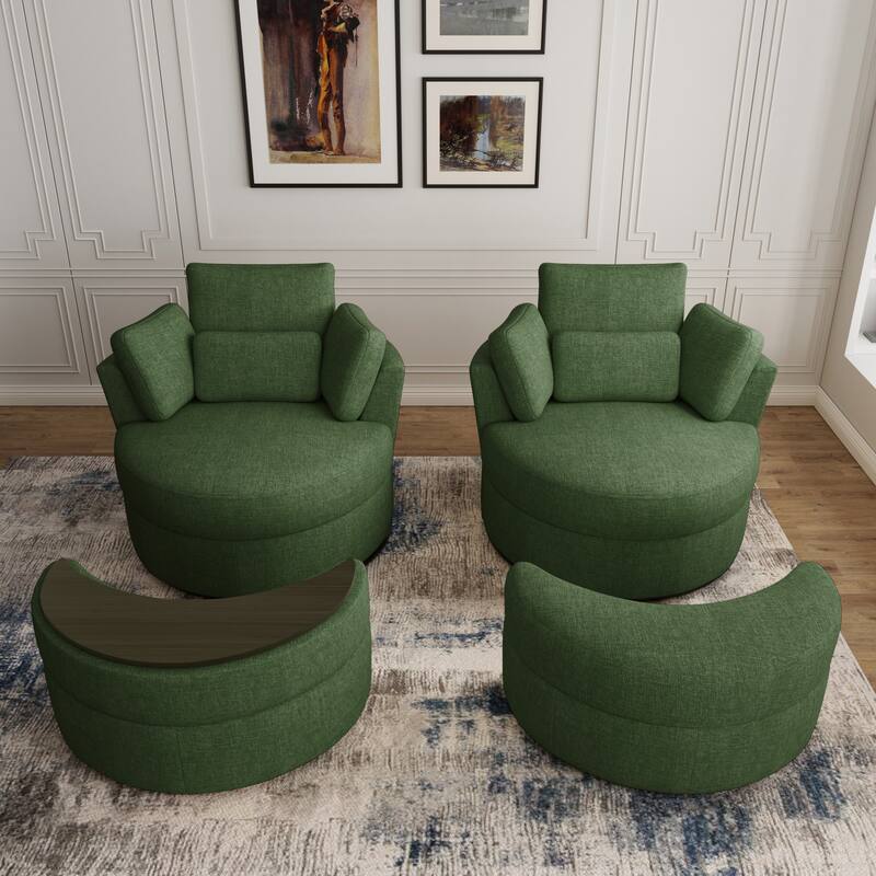 Upholstered Swivel Barrel Armchair with Storage Ottoman (Set of 2)