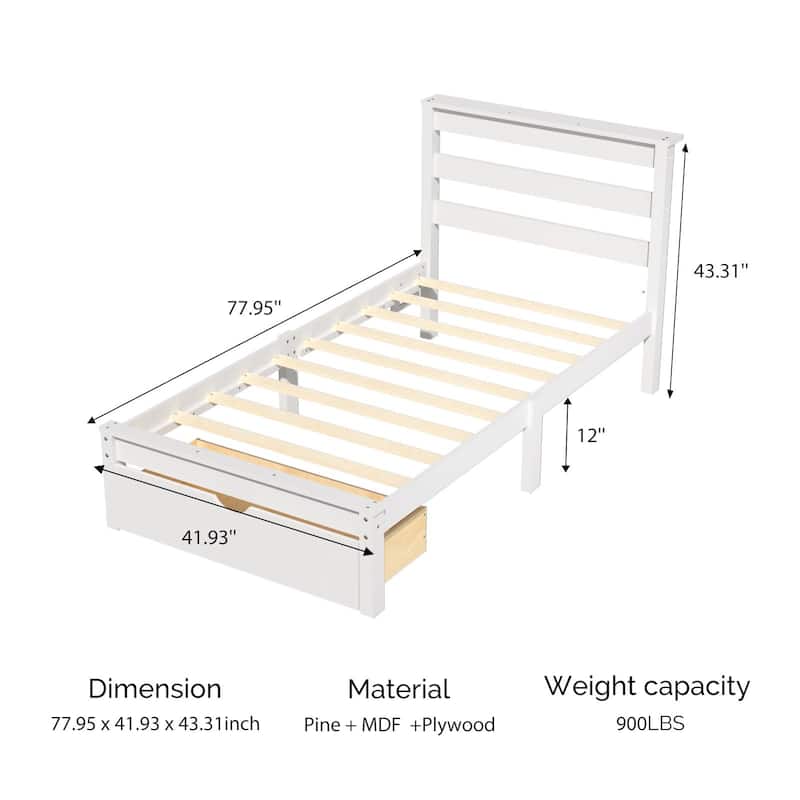 Twin Wood Bed Frame with Charging Station, Lighted Platform Bed, White