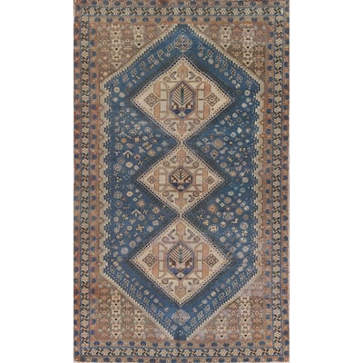 Blue Tribal Bakhtiari Persian Vintage Rug Hand-Knotted Wool Carpet - 5'6"x 9'9"