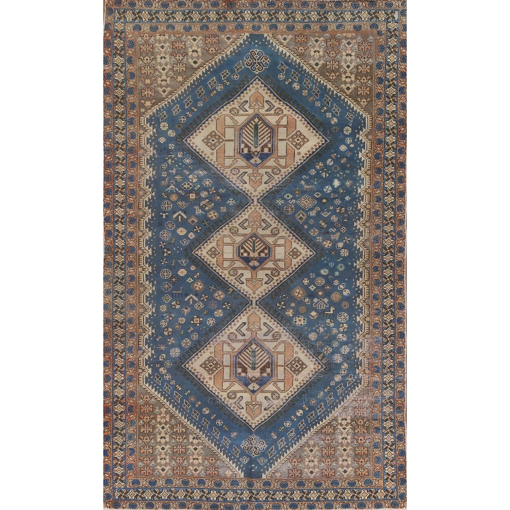 Blue Tribal Bakhtiari Persian Vintage Rug Hand-Knotted Wool Carpet - 5'6"x 9'9"