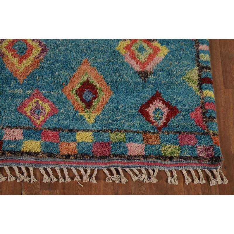 Light Blue Plush Moroccan Oriental Area Rug Handmade Wool Carpet - 7'8" x 10'5"