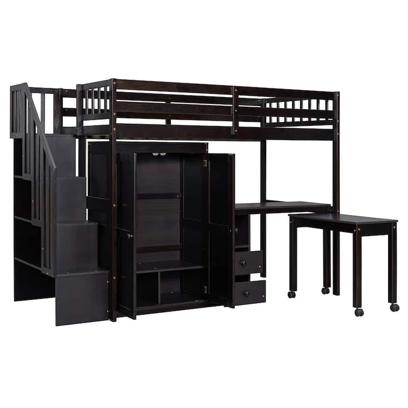 Space-Saving Twin Loft Bed with Stairs, Bookshelf, Drawers, Desk & Wardrobe for Kids & Teens