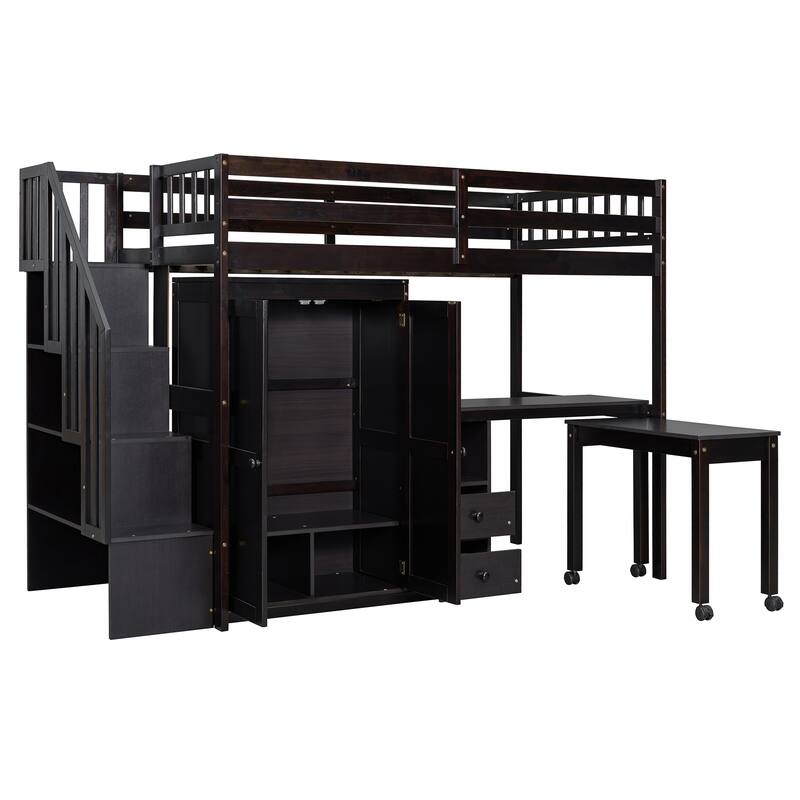 Twin Loft Bed with Staircase & Study Station and 5-in-1 Storage, 300lb Capacity