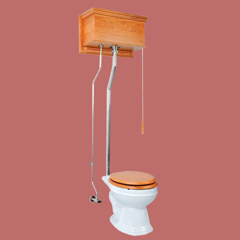 High Tank Toilet - Light Oak Wooden Flat Tank, Round White Bowl Chrome L Pipes Renovators Supply