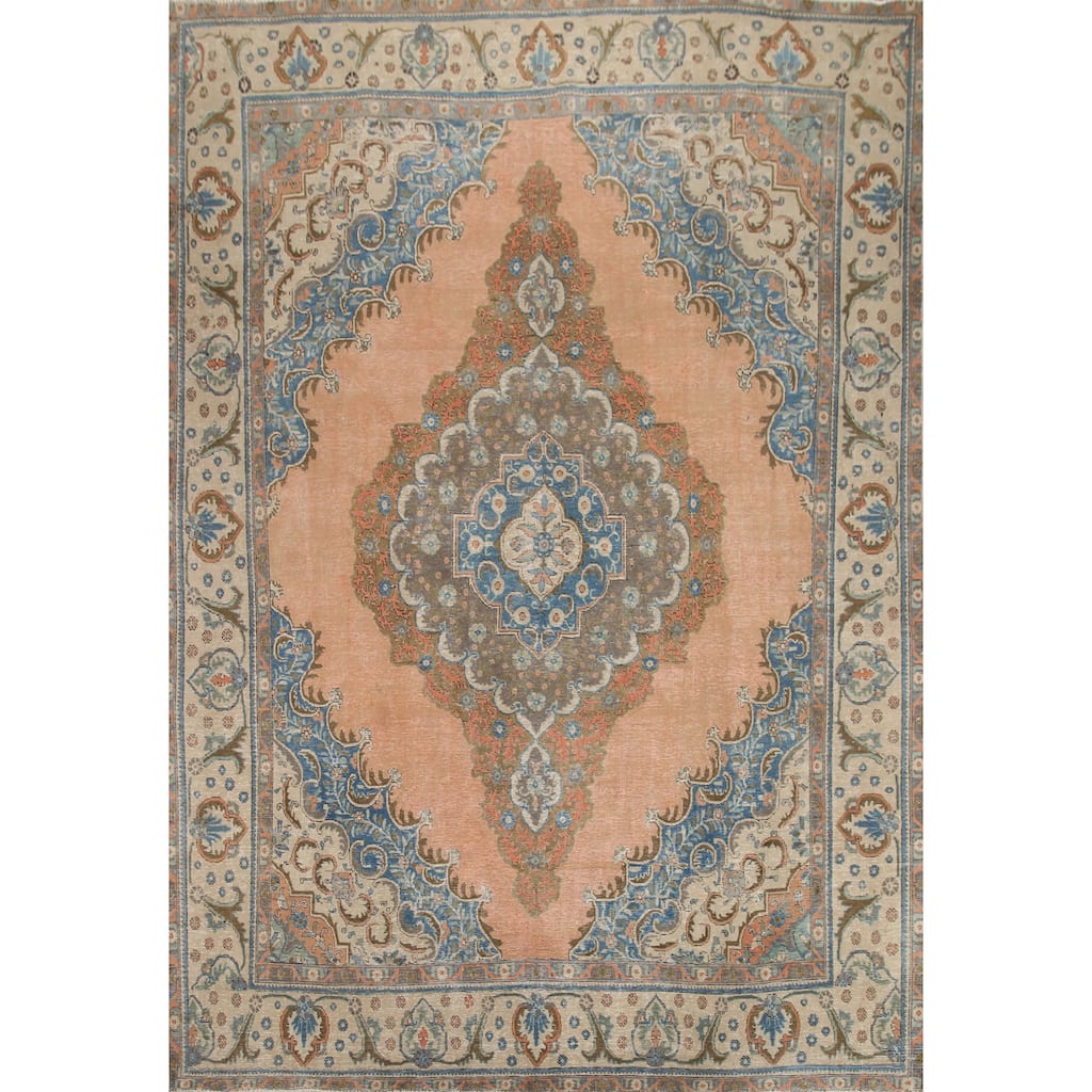 Hand Knotted Oriental 100% Wool Carpet Traditional Medallion Coral Tabriz Area Rug - 11' 7'' X 9' 9''