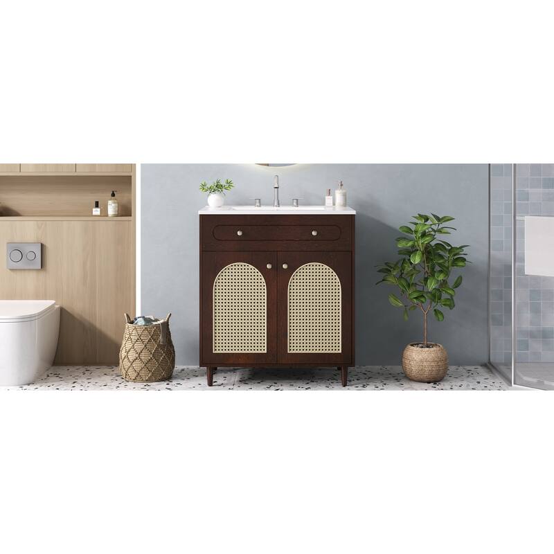 30" Bathroom Vanity with Ceramic Sink, Solid Wood Frame Bathroom Sink Cabinet with Adjustable Shelf, Tip-Drawer